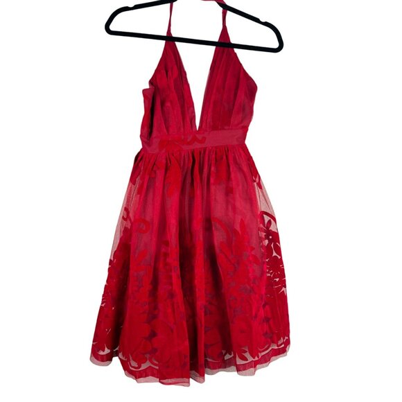 🟣🟣 Luxxel By Alfredo Barraza Womens Red V-neck Lace Mini Formal Gown Dress - Picture 4 of 10